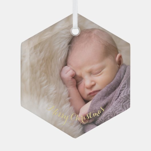 Baby Girl Boy Eerste Eerste Kerstfoto Hexagon Glas Ornament (Voorkant)