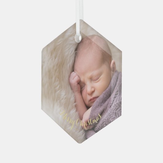 Baby Girl Boy Eerste Eerste Kerstfoto Hexagon Glas Ornament (Voorkant links)
