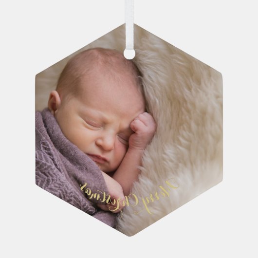 Baby Girl Boy Eerste Eerste Kerstfoto Hexagon Glas Ornament (Achterkant)