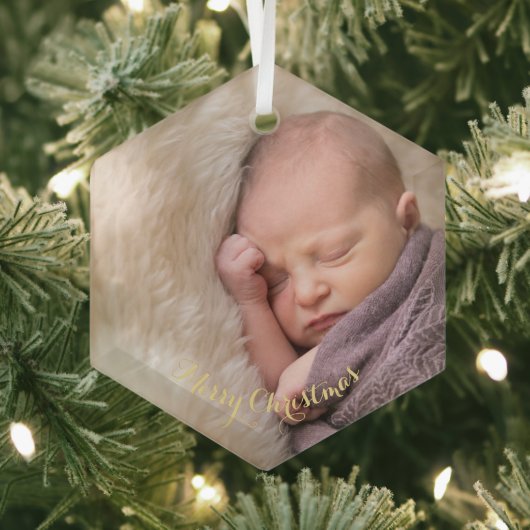 Baby Girl Boy Eerste Eerste Kerstfoto Hexagon Glas Ornament (Insitu)