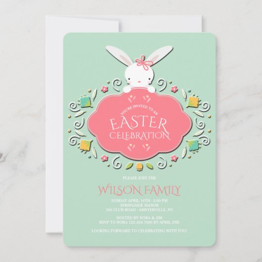 Baby Girl Bunny Easter Uitnodiging (Voorkant)