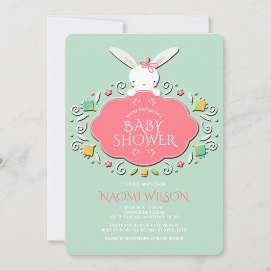 Baby Girl Bunny Shower-uitnodiging Kaart (Voorkant)