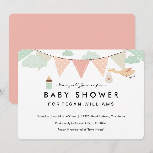 Baby Girl Bunting | uitnodiging tot baby shower (Voorkant / Achterkant)