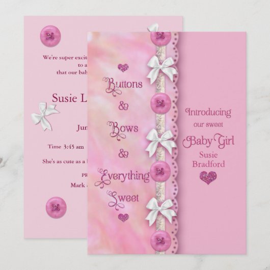 Baby Girl Buttonnen en Bows Pink Announge Aankondiging (Voorkant / Achterkant)