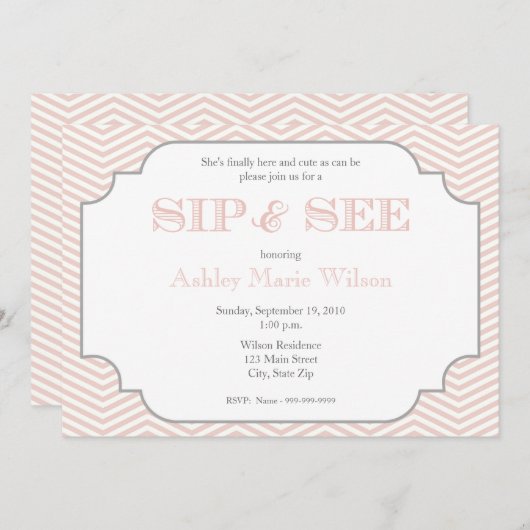 Baby Girl Chevron Sip en zie Uitnodiging (Voorkant / Achterkant)
