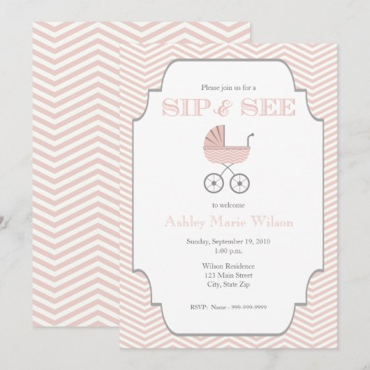 Baby Girl Chevron Sip en zie Uitnodiging (Voorkant / Achterkant)