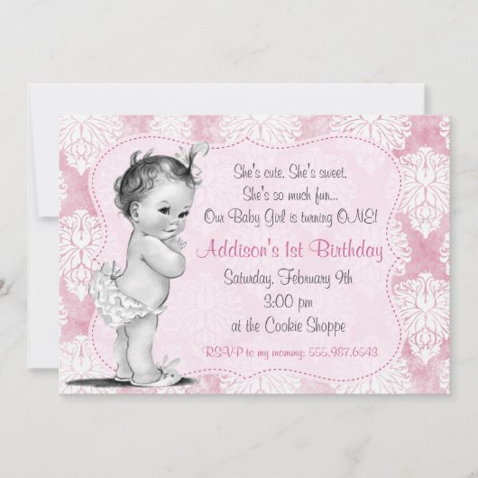  Baby Girl Chic Damask Birthday Uitnodiging (Voorkant)