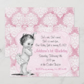  Baby Girl Chic Damask Birthday Uitnodiging (Voorkant / Achterkant)