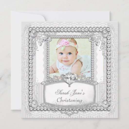Baby Girl Christening Baptism Pearl Lace Aankondiging (Voorkant)