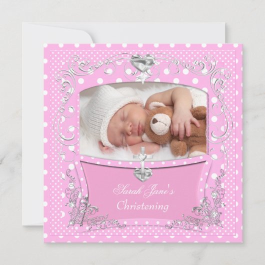 Baby Girl Christening Baptism Pink Polka Dot 2 Kaart (Voorkant)