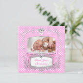 Baby Girl Christening Baptism Pink Polka Dot. Aankondiging (Staand voorkant)