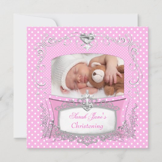 Baby Girl Christening Baptism Pink Polka Dot. Aankondiging (Voorkant)