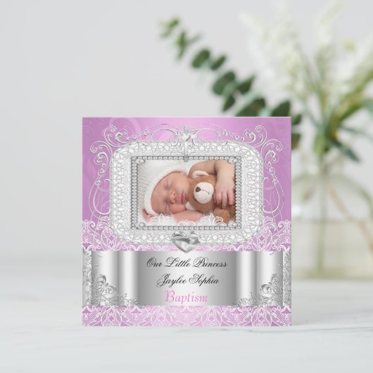 Baby Girl Christening Baptisme roze paars Kaart (Staand voorkant)