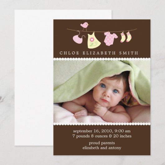 Baby Girl Clothesline Birth Announements Aankondiging (Voorkant / Achterkant)
