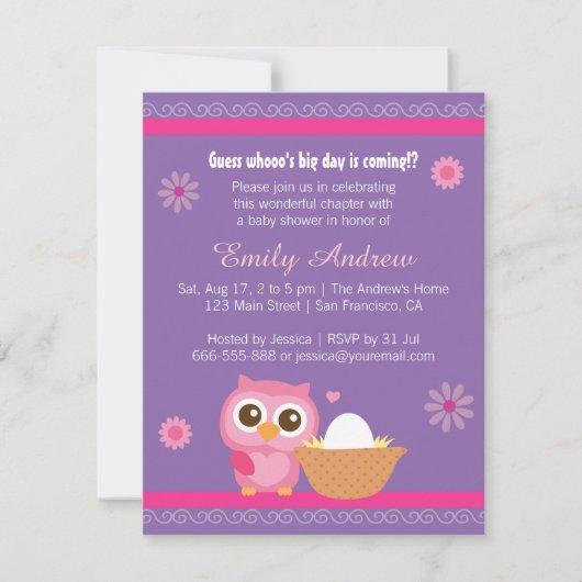 Baby Girl, Cute Owl Baby shower Kaart (Voorkant)