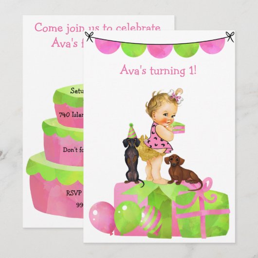 Baby Girl Dachshund Party Invitation Kaart (Voorkant / Achterkant)