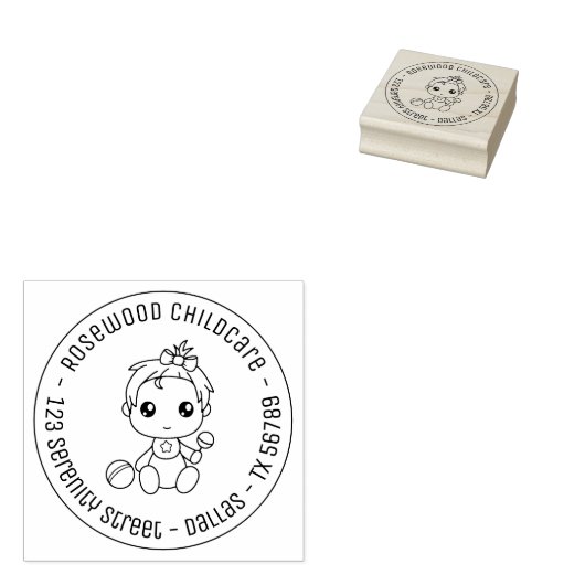Baby Girl Daycare Childcare Round Address Rubberstempel (Gestempeld)