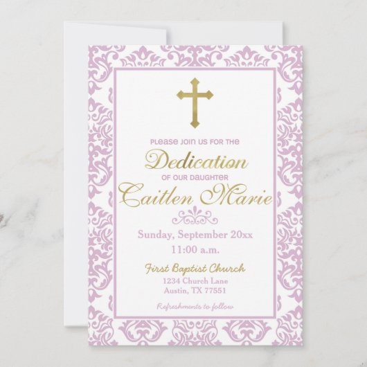 Baby Girl Dedication Invitation Pink and Gold Kaart (Voorkant)