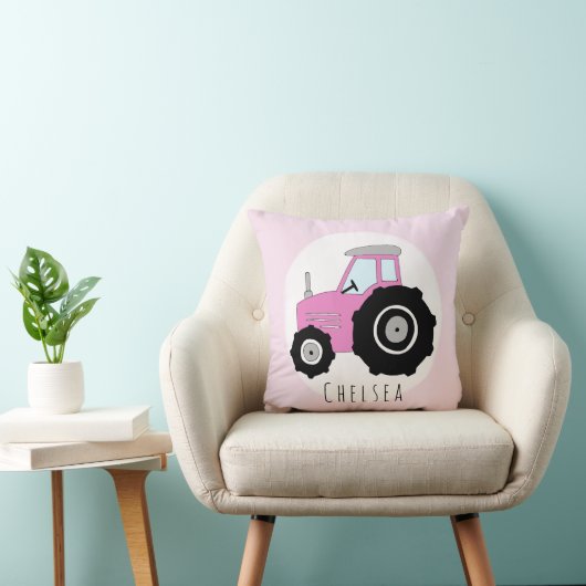 Baby Girl Doodle Pink Tractor met naam Neursery Kussen (Stoel)