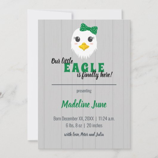 Baby Girl Eagle Green Vertical Baby Mededeling Aankondiging (Voorkant)