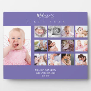 Baby Girl Eerste jaar Foto Collage Aangepast Paars Fotoplaat