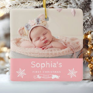 Baby Girl Eerste Kerstfeest Aangepaste foto Roze Keramisch Ornament