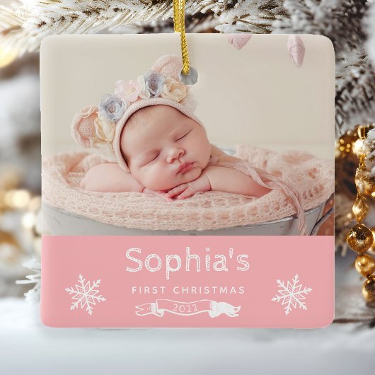 Baby Girl Eerste Kerstfeest Aangepaste foto Roze Keramisch Ornament