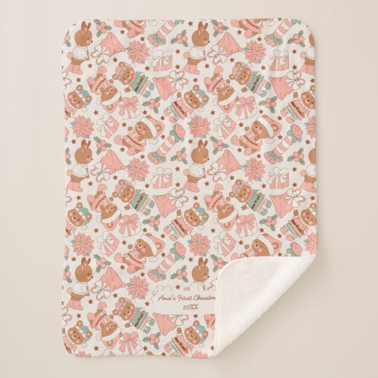 Baby Girl Eerste Kerstmis Gepersonaliseerd Sherpa Deken (Voorkant)