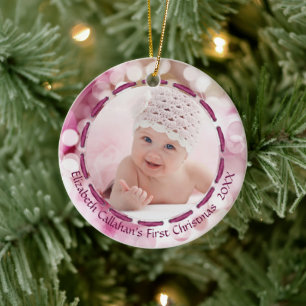 Baby Girl Eerste Kerstmis, Roze Bokeh, Twee foto's Keramisch Ornament
