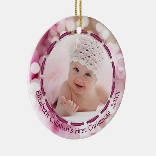 Baby Girl Eerste Kerstmis, Roze Bokeh, Twee foto's Keramisch Ornament (Rechts)