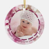 Baby Girl Eerste Kerstmis, Roze Bokeh, Twee foto's Keramisch Ornament (Voorkant)