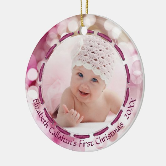 Baby Girl Eerste Kerstmis, Roze Bokeh, Twee foto's Keramisch Ornament (Links)