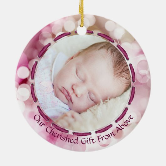 Baby Girl Eerste Kerstmis, Roze Bokeh, Twee foto's Keramisch Ornament (Achterkant)