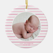 Baby Girl Eerste Kerstmis Zacht Roze Striping Keramisch Ornament (Voorkant)