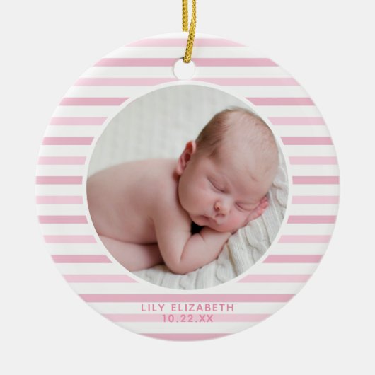 Baby Girl Eerste Kerstmis Zacht Roze Striping Keramisch Ornament (Voorkant)