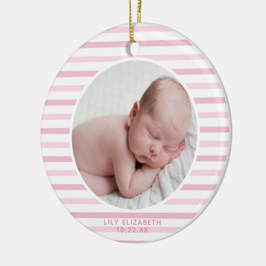 Baby Girl Eerste Kerstmis Zacht Roze Striping Keramisch Ornament (Links)