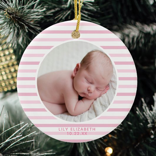 Baby Girl Eerste Kerstmis Zacht Roze Striping Keramisch Ornament