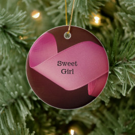 Baby girl eerste kerstroze lintje keramisch ornament