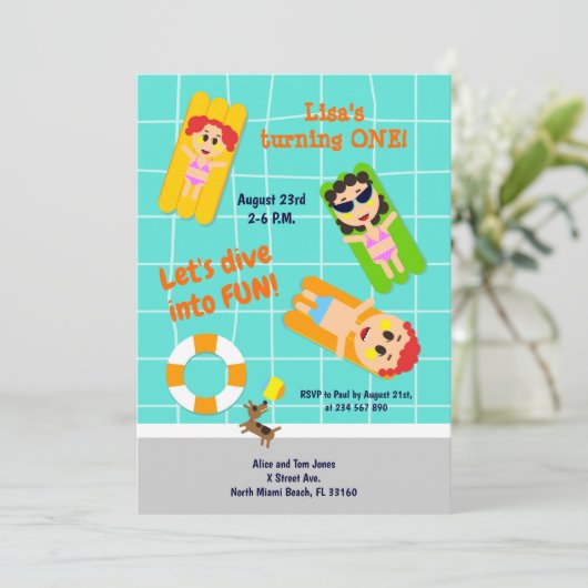 Baby girl eerste uitnodiging voor verjaardagsfeest (Staand voorkant)