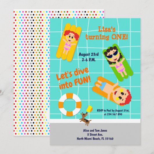 Baby girl eerste uitnodiging voor verjaardagsfeest (Voorkant / Achterkant)