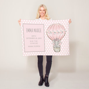 Baby Girl Elephant Ballon Geboorteaankondiging Fleece Deken