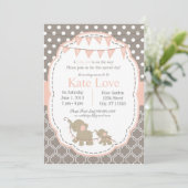 Baby Girl Elephant Douche Uitnodiging - Roze (Staand voorkant)