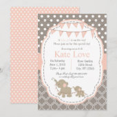 Baby Girl Elephant Douche Uitnodiging - Roze (Voorkant / Achterkant)