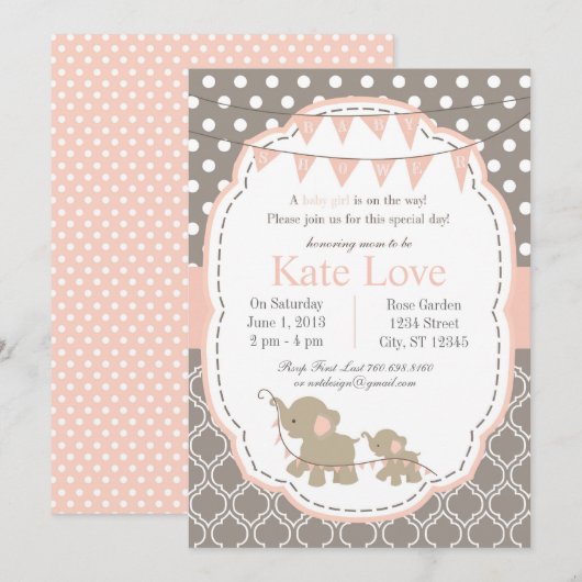 Baby Girl Elephant Douche Uitnodiging - Roze (Voorkant / Achterkant)