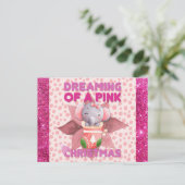 Baby Girl Elephant Dreaming of a Roze Kerstmis Briefkaart (Staand voorkant)