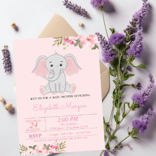 Baby Girl Elephant, Floral Baby shower Kaart