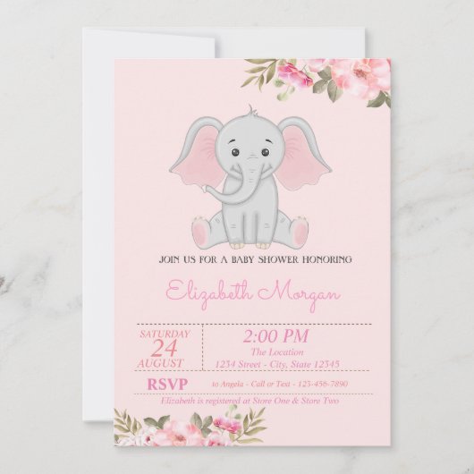 Baby Girl Elephant, Floral Baby shower Kaart (Voorkant)