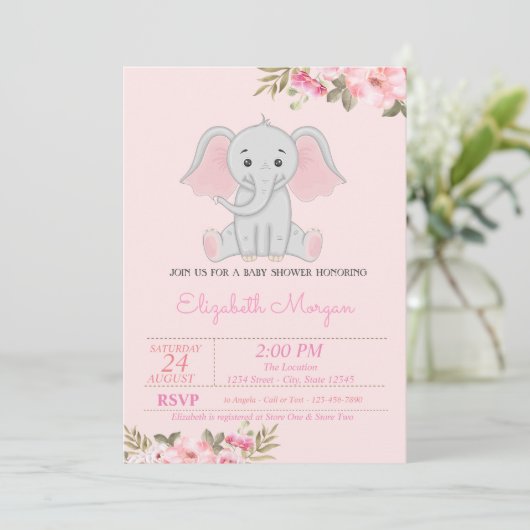 Baby Girl Elephant, Floral Baby shower Kaart (Staand voorkant)
