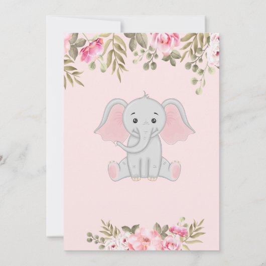Baby Girl Elephant, Floral Baby shower Kaart (Achterkant)