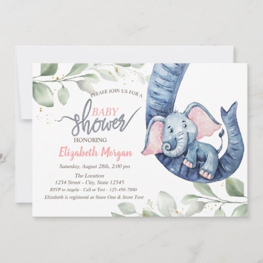 Baby Girl Elephant Leaves Baby shower Invitation Kaart (Voorkant)